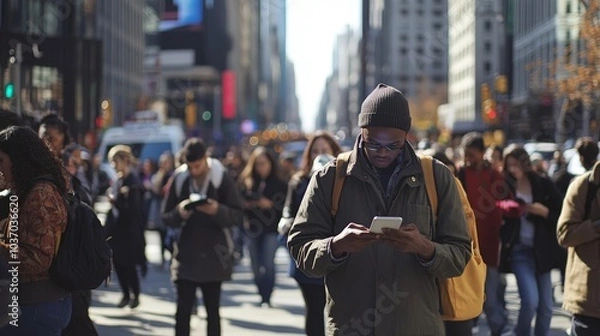 Fototapeta Urban Pulse: A Captivating Snapshot of New Yorkers Navigating the City, Engaged with Technology Amidst a Bustling Street Scene
