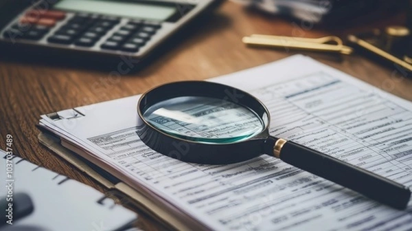 Fototapeta Analyzing Financial Documents: A Close-Up View with a Magnifying Glass and Calculator on a Wooden Desk