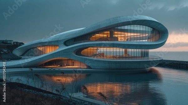 Fototapeta Modern and futuristic building at sunset  