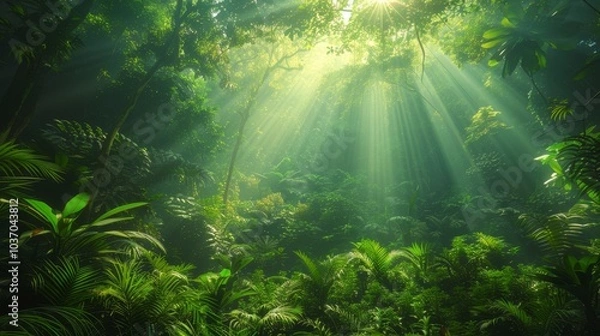 Fototapeta Sun rays streaming through dense jungle canopy