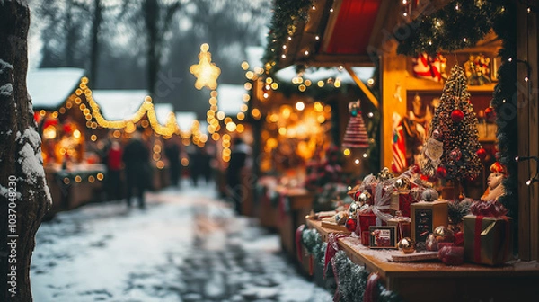 Fototapeta Close-up of a decorated Christmas market stall with glowing lights and wrapped gifts in the snow.