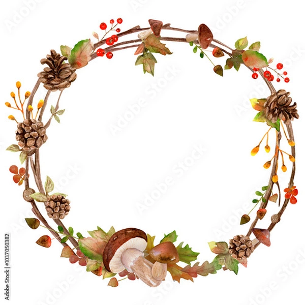 Fototapeta Autumn wreath mushrooms and berries - watercolor bouquets based on branches.
