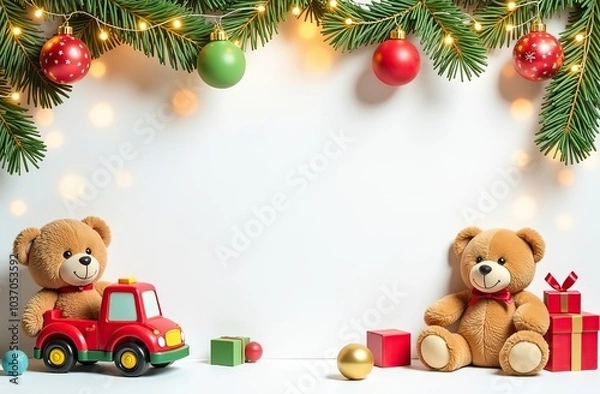 Fototapeta frame for text made from colourful kids toys, teddy bears, toy cars, balls, cubes, with golden garland lights, on white Christmas background, festive golden bokeh 
