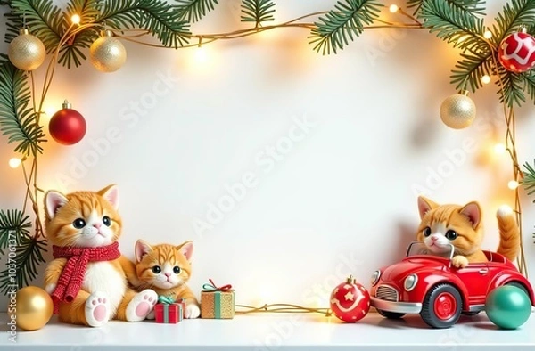 Obraz frame for text made from colourful kids toys,fluffy cats, toy cars, balls, cubes, with golden garland lights, on white Christmas background, festive golden bokeh