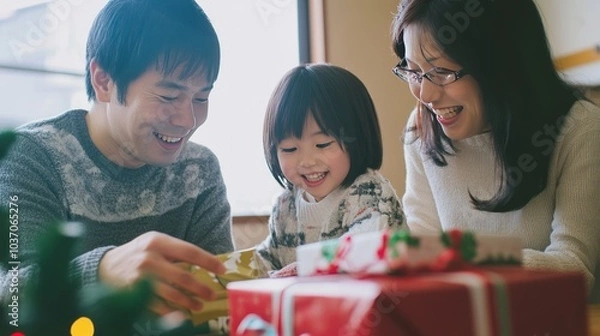 Fototapeta Happy Japanese family of three unwrapping Christmas presents. Family spending quality time together on a New year's eve. Warm and inviting atmosphere. Traditional celebration. Holiday in Japan.