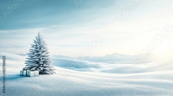 Fototapeta Serene snowy winter scene background with a small Christmas tree with white new year gifts. Empty space for a title/text. Intro for a Christmas celebration video template with animated snowfall.
