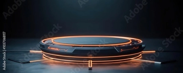 Obraz Futuristic circular platform with glowing orange accents, set against a dark background, ideal for sci-fi themes or design concepts.