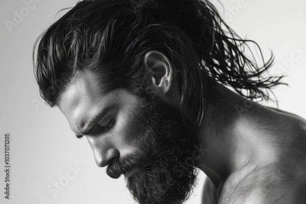 Obraz A man with long hair and a full beard poses thoughtfully against a plain background in a serene black and white portrait