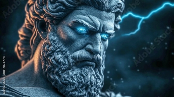 Fototapeta Statue of Zeus with Glowing Eyes and Lightning
