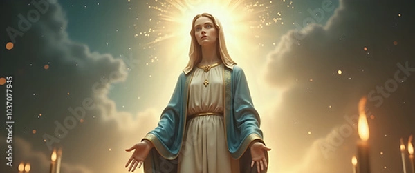 Fototapeta Holy figure emerging from the clouds in divine light