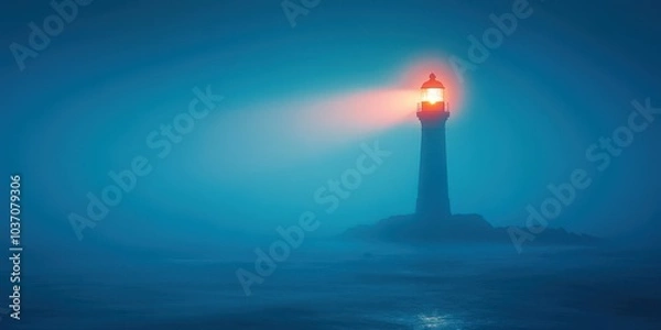 Obraz Lighthouse in foggy sea, illuminated beacon guiding ships, serene and mysterious atmosphere.