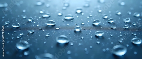 Fototapeta Water droplets on a smooth surface with a blue tint