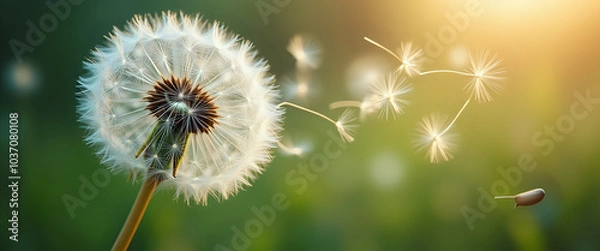 Fototapeta Dandelion seeds floating in the wind with a soft focus