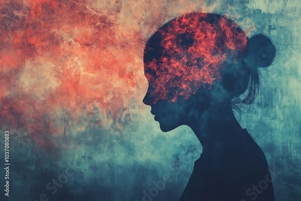 Fototapeta A silhouette of a woman with fiery textures in her head, symbolizing passion, emotional intensity, and powerful thoughts in a conceptual and surreal manner.