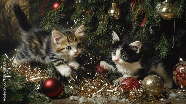 Obraz Kittens' Christmas Tree Adventure