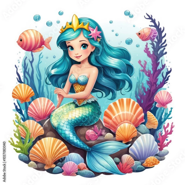 Fototapeta mermaid and fish in the sea, Little Mermaid Fantasy Art – Watercolor Mermaid with Colorful Shells