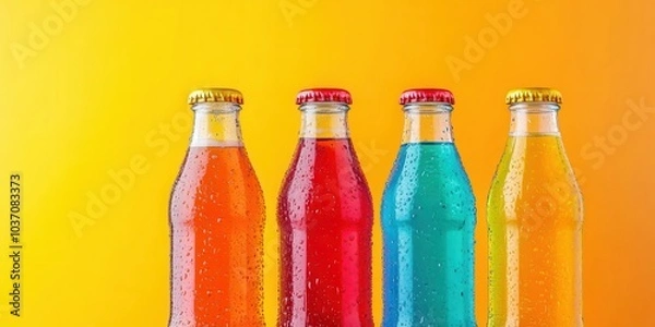 Fototapeta Vibrant soda bottles in assorted colors on a yellow gradient background.