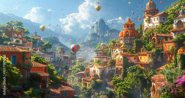 Obraz 明るい朝の光に照らされた小さな村の風景