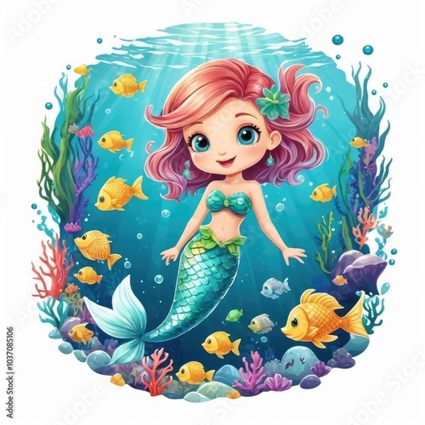 Fototapeta Little Mermaid with Shells – Watercolor Sea Creature Art