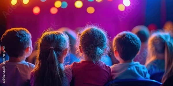 Fototapeta Children watching a colorful stage performance with vibrant lighting.