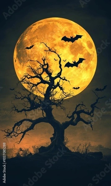 Fototapeta Silhouette of a tree with bats flying in front of