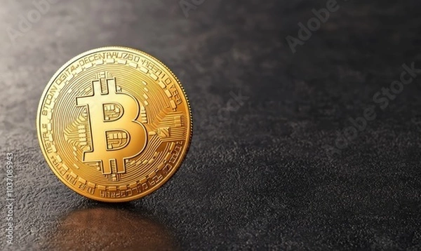 Fototapeta A detailed close-up of a golden Bitcoin coin shining on a dark surface, symbolizing modern cryptocurrency investment.