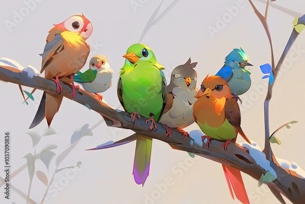 Fototapeta A group of beautifully illustrated birds with various colors sits closely together on a branch surrounded by gentle snowy surroundings in a serene atmosphere