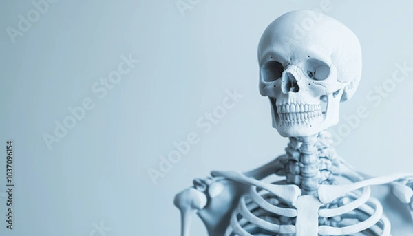 Fototapeta A realistic human skeleton model displayed against a soft blue background, showcasing anatomical features in a clear and educational manner.