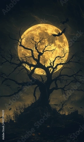 Fototapeta Spooky forest with full moon and bats.