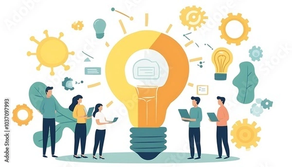 Fototapeta Group of People Surrounding a Large Light Bulb Idea