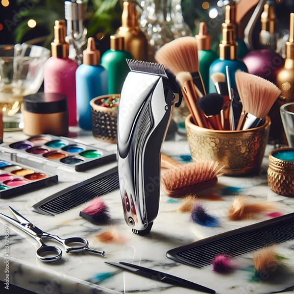 Fototapeta Close-up of wireless hair clippers Shiny metal with make up brushes and cosmetics in salon room