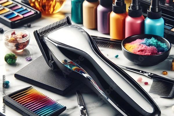 Fototapeta Close-up of wireless hair clippers Shiny metal with make up brushes and cosmetics in salon room