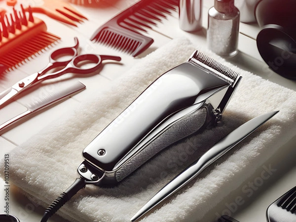 Fototapeta Close-up of wireless hair clippers Shiny metal with make up brushes and cosmetics in salon room