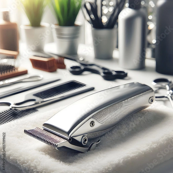 Fototapeta Close-up of wireless hair clippers Shiny metal with make up brushes and cosmetics in salon room