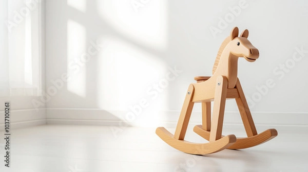 Fototapeta Classic wooden rocking horse toy is standing on a hardwood floor in a sunlit room, waiting for a child to come and play
