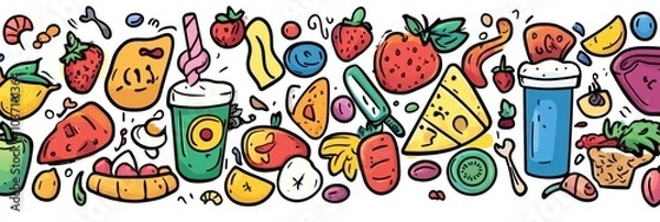 Fototapeta A vibrant collection of doodles featuring various foods, including pizza, ice cream, fruits, and colorful beverages, all in a fun style. Generative AI