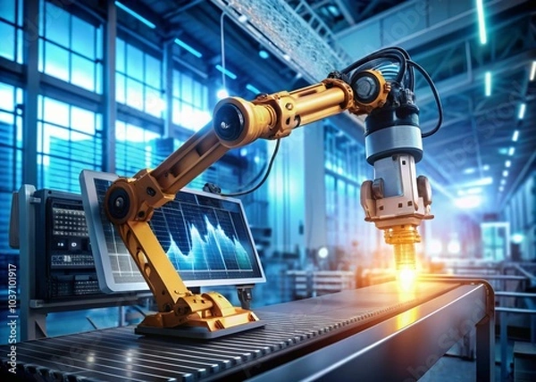 Obraz Advanced Industrial Automation with Robot Hand on Assembly Line and Efficiency Statistics Display