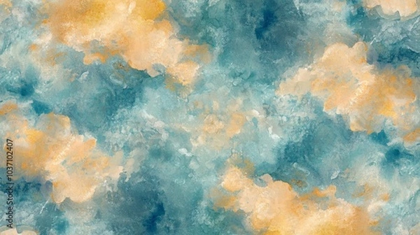 Fototapeta Abstract watercolor texture featuring soft blue and orange hues, creating a dreamy, cloud-like appearance.