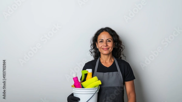 Fototapeta Smiling cleaner with a bucket of supplies, radiating happiness in a home setting. Proudly looking at the camera, she embodies dedication to hygiene