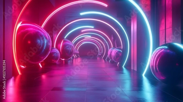 Fototapeta Neon-colored 3D sculptures glowing in futuristic abstract environments