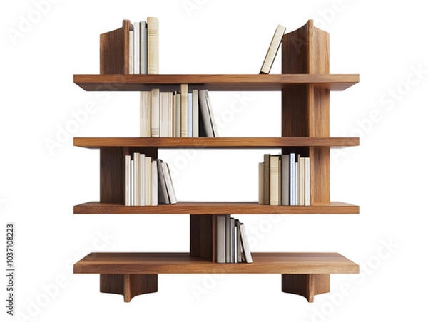 Fototapeta Modern wooden shelf with books, white background, transparent background