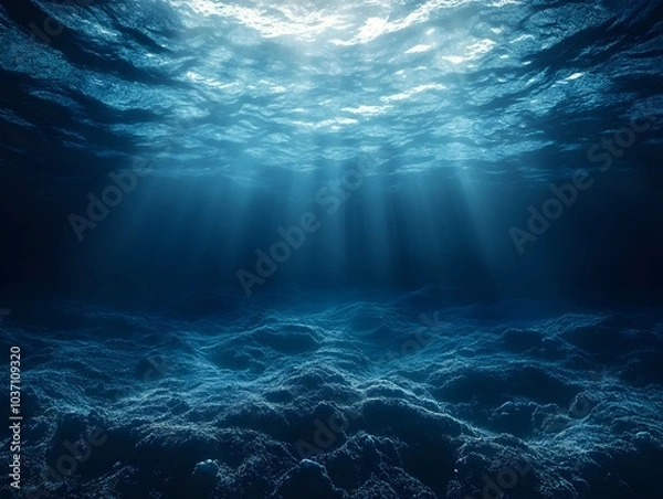 Fototapeta A serene underwater scene showcasing sun rays penetrating through the calm ocean surface, creating a tranquil blue ambiance.