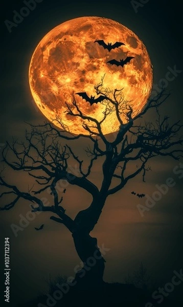 Fototapeta Bats fly near a tree, moon in the background.