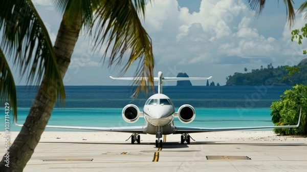Fototapeta A luxurious private jet landing on a pristine island runway, with attention to the jet鈥檚 elegant design and the island鈥檚 beautiful surroundings, Tropical setting with focus on luxury travel