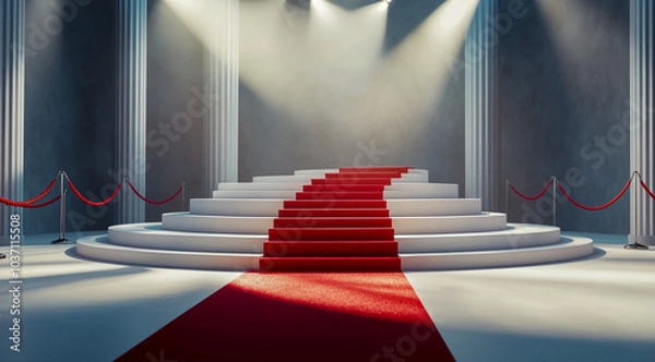 Obraz A red carpet on a white circular stage with a spotlight illuminating the top of the stairs.