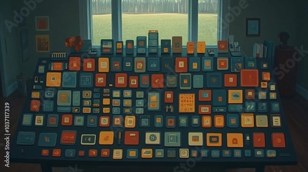 Fototapeta A large table filled with colorful square icons in various shades of blue, red, yellow, and orange arranged in rows and columns.