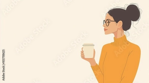 Fototapeta Introvert Shyness Individual holding a coffee cup, quietly observing from afar, flat design illustration