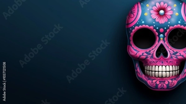 Fototapeta A vibrant, decorated skull with floral patterns, symbolizing Día de los Muertos, set against a dark background.