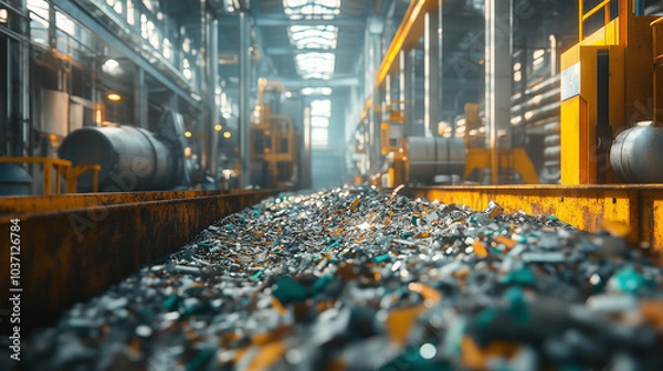 Fototapeta Plant conveyor belt transporting electronic waste for recycling and promoting sustainable and responsible resource usage