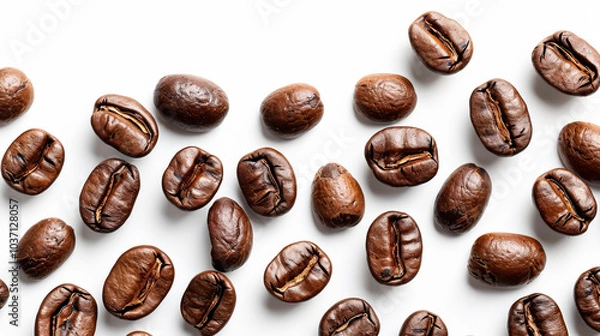 Fototapeta Close up of coffee beans with a white background. The beans are spread out in a pattern, with some overlapping and others not. Concept of warmth and comfort